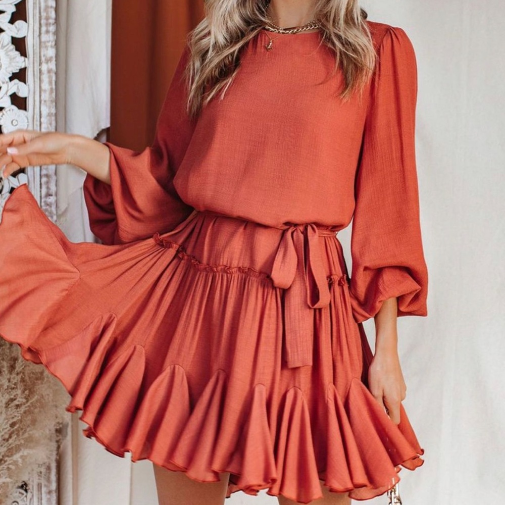 Ribbonwood Ruffle Tie Dress - Terracotta - Medium